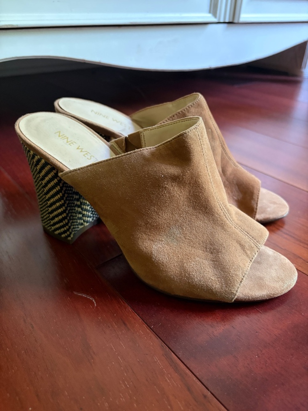 Nine West Tan Suede Open-Toe Mule with Patterned Block Heel